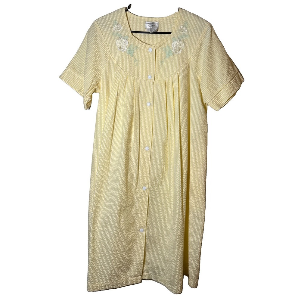 VTG Amanda Stewart Intimates Robe Women L Yellow Seersucker Floral Embroidered